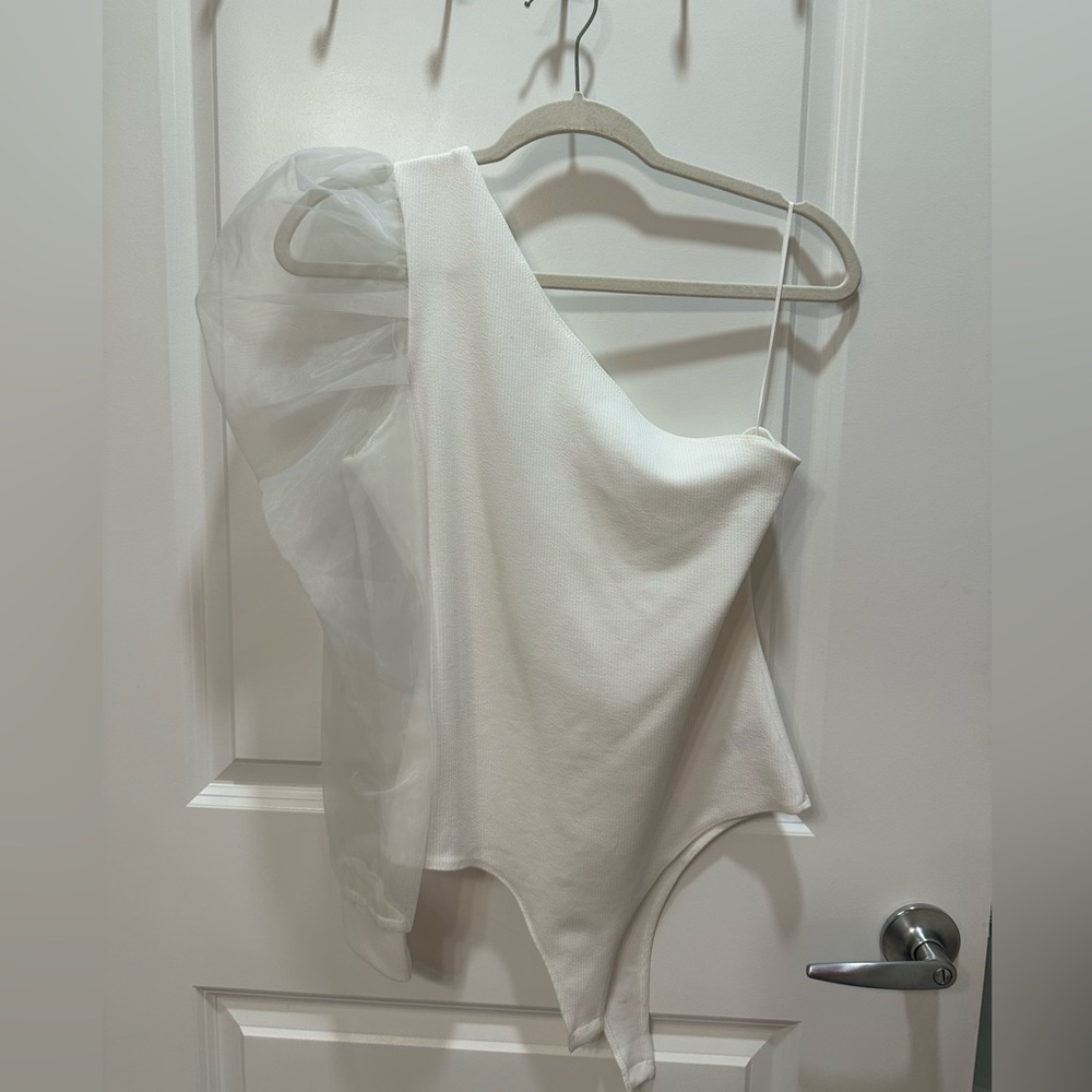 TCEC White Bodysuit with Ruffle Sheer Sleeve